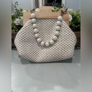 Woven Pearl-Handle Clutch Bag in Cream